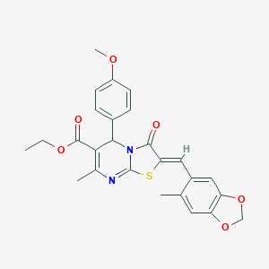 molecular formula C26H24N2O6S B302459 ETHYL (2Z)-5-(4-METHOXYPHENYL)-7-METHYL-2-[(6-METHYL-2H-1,3-BENZODIOXOL-5-YL)METHYLIDENE]-3-OXO-2H,3H,5H-[1,3]THIAZOLO[3,2-A]PYRIMIDINE-6-CARBOXYLATE 