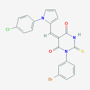 molecular formula C21H13BrClN3O2S B302471 (5E)-1-(3-BROMOPHENYL)-5-{[1-(4-CHLOROPHENYL)-1H-PYRROL-2-YL]METHYLIDENE}-2-SULFANYLIDENE-1,3-DIAZINANE-4,6-DIONE 