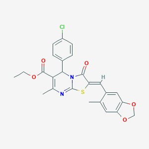 molecular formula C25H21ClN2O5S B302486 ethyl 5-(4-chlorophenyl)-7-methyl-2-[(6-methyl-1,3-benzodioxol-5-yl)methylene]-3-oxo-2,3-dihydro-5H-[1,3]thiazolo[3,2-a]pyrimidine-6-carboxylate 