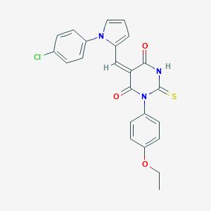 molecular formula C23H18ClN3O3S B302578 (5E)-5-{[1-(4-CHLOROPHENYL)-1H-PYRROL-2-YL]METHYLIDENE}-1-(4-ETHOXYPHENYL)-2-SULFANYLIDENE-1,3-DIAZINANE-4,6-DIONE 
