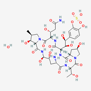 molecular formula C35H54N8O21S B3025954 1-[(4R,5R)-4,5-dihydroxy-L-ornithine]-4-[(4S)-4-hydroxy-4-[4-hydroxy-3-(sulfooxy)phenyl]-L-threonine]-pneumocandin A0, hydrate 