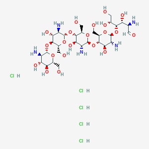 molecular formula C30H62Cl5N5O21 B3026890 (2R,3R,4S,5R)-2-Amino-4-[(2S,3R,4R,5S,6R)-3-amino-5-[(2S,3R,4R,5S,6R)-3-amino-5-[(2S,3R,4R,5S,6R)-3-amino-5-[(2S,3R,4R,5S,6R)-3-amino-4,5-dihydroxy-6-(hydroxymethyl)oxan-2-yl]oxy-4-hydroxy-6-(hydroxymethyl)oxan-2-yl]oxy-4-hydroxy-6-(hydroxymethyl)oxan-2-yl]oxy-4-hydroxy-6-(hydroxymethyl)oxan-2-yl]oxy-3,5,6-trihydroxyhexanal;pentahydrochloride CAS No. 117467-64-8