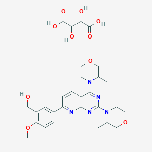 molecular formula C29H37N5O10 B3026983 [5-[2,4-bis(3-methylmorpholin-4-yl)pyrido[2,3-d]pyrimidin-7-yl]-2-methoxyphenyl]methanol;2,3-dihydroxybutanedioic acid CAS No. 1201799-04-3