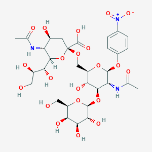 molecular formula C31H45N3O21 B3029696 (2R,4S,5R,6R)-5-Acetamido-2-[[(2R,3S,4R,5R,6S)-5-acetamido-3-hydroxy-6-(4-nitrophenoxy)-4-[(2R,3R,4S,5R,6R)-3,4,5-trihydroxy-6-(hydroxymethyl)oxan-2-yl]oxyoxan-2-yl]methoxy]-4-hydroxy-6-[(1R,2R)-1,2,3-trihydroxypropyl]oxane-2-carboxylic acid CAS No. 754954-71-7