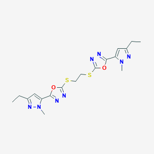 molecular formula C18H22N8O2S2 B303397 2-(5-Ethyl-2-methylpyrazol-3-yl)-5-[2-[[5-(5-ethyl-2-methylpyrazol-3-yl)-1,3,4-oxadiazol-2-yl]sulfanyl]ethylsulfanyl]-1,3,4-oxadiazole 
