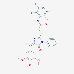 molecular formula C27H21F4N3O5S B303516 2-{[(4E)-5-oxo-1-phenyl-4-(3,4,5-trimethoxybenzylidene)-4,5-dihydro-1H-imidazol-2-yl]sulfanyl}-N-(2,3,5,6-tetrafluorophenyl)acetamide 