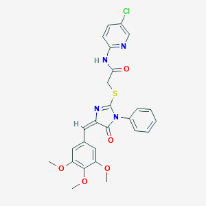 molecular formula C26H23ClN4O5S B303520 N-(5-CHLORO-2-PYRIDINYL)-2-{[(4E)-5-OXO-1-PHENYL-4-(3,4,5-TRIMETHOXYBENZYLIDENE)-4,5-DIHYDRO-1H-IMIDAZOL-2-YL]SULFANYL}ACETAMIDE 