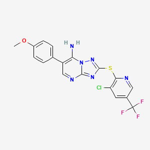 molecular formula C18H12ClF3N6OS B3035919 2-[3-Chloro-5-(trifluoromethyl)pyridin-2-yl]sulfanyl-6-(4-methoxyphenyl)-[1,2,4]triazolo[1,5-a]pyrimidin-7-amine CAS No. 338775-12-5