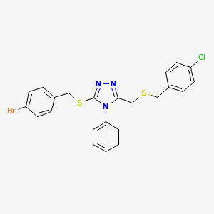 molecular formula C23H19BrClN3S2 B3036471 3-{[(4-bromophenyl)methyl]sulfanyl}-5-({[(4-chlorophenyl)methyl]sulfanyl}methyl)-4-phenyl-4H-1,2,4-triazole CAS No. 344269-41-6
