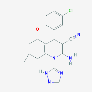 molecular formula C20H19ClN6O B303702 2-amino-4-(3-chlorophenyl)-7,7-dimethyl-5-oxo-1-(1H-1,2,4-triazol-3-yl)-1,4,5,6,7,8-hexahydroquinoline-3-carbonitrile 
