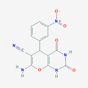 molecular formula C14H9N5O5 B3039012 7-Amino-5-(3-nitrophenyl)-2,4-dioxo-1,3,5,8-tetrahydro-8-oxaquinazoline-6-carbonitrile CAS No. 94988-66-6