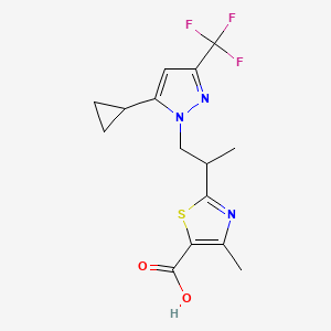molecular formula C15H16F3N3O2S B3039299 2-(1-(5-Cyclopropyl-3-(trifluoromethyl)-1H-pyrazol-1-yl)propan-2-yl)-4-methylthiazole-5-carboxylic acid CAS No. 1006682-82-1