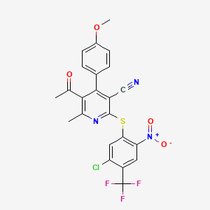 molecular formula C23H15ClF3N3O4S B3040974 5-Acetyl-2-{[5-chloro-2-nitro-4-(trifluoromethyl)phenyl]thio}-4-(4-methoxyphenyl)-6-methylnicotinonitrile CAS No. 256414-71-8