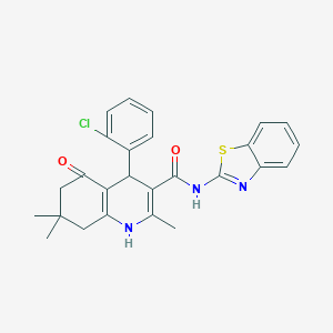 molecular formula C26H24ClN3O2S B304218 N-(1,3-benzothiazol-2-yl)-4-(2-chlorophenyl)-2,7,7-trimethyl-5-oxo-1,4,5,6,7,8-hexahydroquinoline-3-carboxamide 