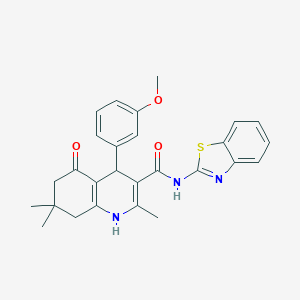 molecular formula C27H27N3O3S B304235 N-(1,3-benzothiazol-2-yl)-4-(3-methoxyphenyl)-2,7,7-trimethyl-5-oxo-1,4,5,6,7,8-hexahydroquinoline-3-carboxamide 