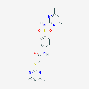 molecular formula C20H22N6O3S2 B304266 N-{4-[(4,6-dimethylpyrimidin-2-yl)sulfamoyl]phenyl}-2-[(4,6-dimethylpyrimidin-2-yl)sulfanyl]acetamide 