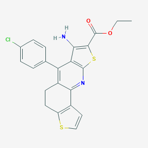 molecular formula C22H17ClN2O2S2 B304563 ethyl 12-amino-10-(4-chlorophenyl)-5,14-dithia-16-azatetracyclo[7.7.0.02,6.011,15]hexadeca-1(16),2(6),3,9,11(15),12-hexaene-13-carboxylate 