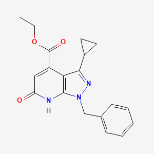 molecular formula C19H19N3O3 B3045905 ethyl 1-benzyl-3-cyclopropyl-6-oxo-6,7-dihydro-1H-pyrazolo[3,4-b]pyridine-4-carboxylate CAS No. 1160246-17-2