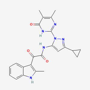 molecular formula C23H22N6O3 B3046147 N-(3-Cyclopropyl-1-(4,5-dimethyl-6-oxo-1,6-dihydropyrimidin-2-yl)-1H-pyrazol-5-yl)-2-(2-methyl-1H-indol-3-yl)-2-oxoacetamide CAS No. 1203011-27-1