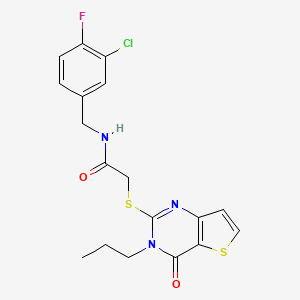 molecular formula C18H17ClFN3O2S2 B3046517 Acetamide, N-[(3-chloro-4-fluorophenyl)methyl]-2-[(3,4-dihydro-4-oxo-3-propylthieno[3,2-d]pyrimidin-2-yl)thio]- CAS No. 1252907-87-1