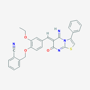 molecular formula C29H22N4O3S B304780 2-[(2-ETHOXY-4-{[(6Z)-5-IMINO-7-OXO-3-PHENYL-5H,6H,7H-[1,3]THIAZOLO[3,2-A]PYRIMIDIN-6-YLIDENE]METHYL}PHENOXY)METHYL]BENZONITRILE 