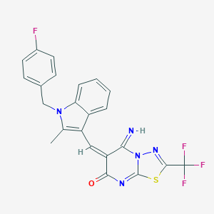 molecular formula C23H15F4N5OS B304809 (6E)-6-({1-[(4-FLUOROPHENYL)METHYL]-2-METHYL-1H-INDOL-3-YL}METHYLIDENE)-5-IMINO-2-(TRIFLUOROMETHYL)-5H,6H,7H-[1,3,4]THIADIAZOLO[3,2-A]PYRIMIDIN-7-ONE 