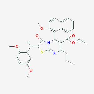 molecular formula C32H32N2O6S B304922 ETHYL (2Z)-2-[(2,5-DIMETHOXYPHENYL)METHYLIDENE]-5-(2-METHOXYNAPHTHALEN-1-YL)-3-OXO-7-PROPYL-2H,3H,5H-[1,3]THIAZOLO[3,2-A]PYRIMIDINE-6-CARBOXYLATE 