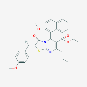molecular formula C31H30N2O5S B304938 ETHYL (2Z)-5-(2-METHOXYNAPHTHALEN-1-YL)-2-[(4-METHOXYPHENYL)METHYLIDENE]-3-OXO-7-PROPYL-2H,3H,5H-[1,3]THIAZOLO[3,2-A]PYRIMIDINE-6-CARBOXYLATE 