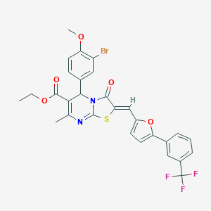 molecular formula C29H22BrF3N2O5S B304965 ETHYL (2Z)-5-(3-BROMO-4-METHOXYPHENYL)-7-METHYL-3-OXO-2-({5-[3-(TRIFLUOROMETHYL)PHENYL]FURAN-2-YL}METHYLIDENE)-2H,3H,5H-[1,3]THIAZOLO[3,2-A]PYRIMIDINE-6-CARBOXYLATE 