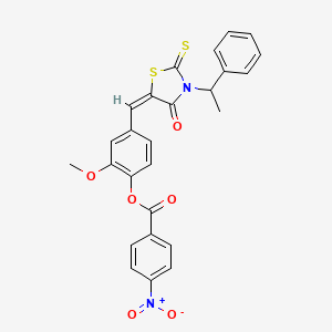 2-Methoxy-4-{[(5E)-4-oxo-3-(1-phenylethyl)-2-sulfanylidene-1,3-thiazolidin-5-ylidene]methyl}phenyl 4-nitrobenzoate