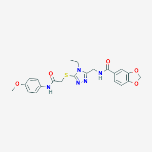 molecular formula C22H23N5O5S B305426 N-{[4-ethyl-5-({2-[(4-methoxyphenyl)amino]-2-oxoethyl}sulfanyl)-4H-1,2,4-triazol-3-yl]methyl}-1,3-benzodioxole-5-carboxamide 