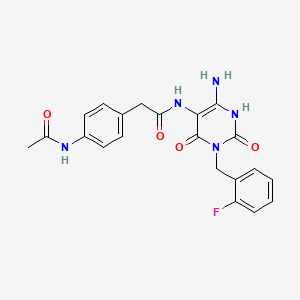 molecular formula C21H20FN5O4 B3055288 2-(4-acetamidophenyl)-N-(6-amino-3-(2-fluorobenzyl)-2,4-dioxo-1,2,3,4-tetrahydropyrimidin-5-yl)acetamide CAS No. 637335-11-6