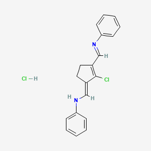 molecular formula C19H18Cl2N2 B3055307 苯胺，N-((2-氯-3-((苯胺)亚甲基)-1-环戊烯-1-基)亚甲基)-，一水合氯化物 CAS No. 63856-99-5