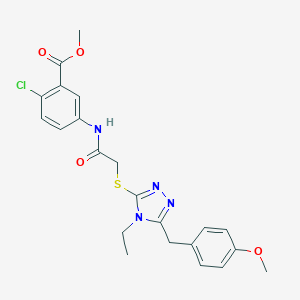 molecular formula C22H23ClN4O4S B305568 methyl 2-chloro-5-[({[4-ethyl-5-(4-methoxybenzyl)-4H-1,2,4-triazol-3-yl]sulfanyl}acetyl)amino]benzoate 