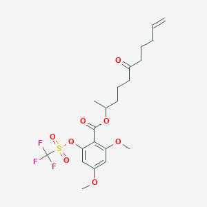 molecular formula C21H27F3O8S B030568 rac 2,4-Dimethoxy-6-[[(trifluoromethyl)sulfonyl]oxy]benzoic Acid 1-Methyl-5-oxo-9-decen-1-yl Ester CAS No. 312305-41-2