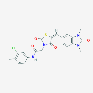 molecular formula C22H19ClN4O4S B305718 N-(3-CHLORO-4-METHYLPHENYL)-2-[(5E)-5-[(1,3-DIMETHYL-2-OXO-2,3-DIHYDRO-1H-1,3-BENZODIAZOL-5-YL)METHYLIDENE]-2,4-DIOXO-1,3-THIAZOLIDIN-3-YL]ACETAMIDE 