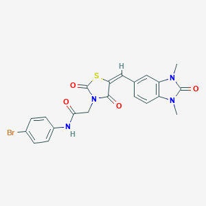 molecular formula C21H17BrN4O4S B305772 N-(4-bromophenyl)-2-{5-[(1,3-dimethyl-2-oxo-2,3-dihydro-1H-benzimidazol-5-yl)methylene]-2,4-dioxo-1,3-thiazolidin-3-yl}acetamide 