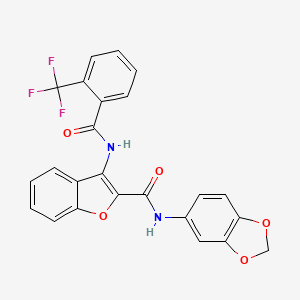 molecular formula C24H15F3N2O5 B3058306 N-(1,3-Benzodioxol-5-yl)-3-((2-(trifluoromethyl)benzoyl)amino)benzofuran-2-carboxamide CAS No. 888461-33-4