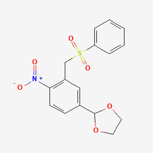 molecular formula C16H15NO6S B3058406 2-(4-Nitro-3-((phenylsulfonyl)methyl)phenyl)-1,3-dioxolane CAS No. 89303-15-1