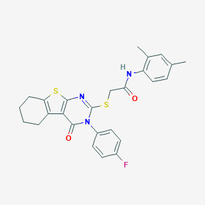 molecular formula C26H24FN3O2S2 B306112 N-(2,4-dimethylphenyl)-2-{[3-(4-fluorophenyl)-4-oxo-3,4,5,6,7,8-hexahydro[1]benzothieno[2,3-d]pyrimidin-2-yl]sulfanyl}acetamide 