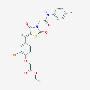 molecular formula C23H21BrN2O6S B306438 Ethyl [2-bromo-4-({2,4-dioxo-3-[2-oxo-2-(4-toluidino)ethyl]-1,3-thiazolidin-5-ylidene}methyl)phenoxy]acetate 