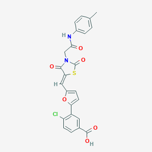 molecular formula C24H17ClN2O6S B306454 4-chloro-3-[5-({2,4-dioxo-3-[2-oxo-2-(4-toluidino)ethyl]-1,3-thiazolidin-5-ylidene}methyl)-2-furyl]benzoic acid 
