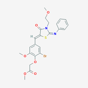 molecular formula C23H23BrN2O6S B306483 Methyl (2-bromo-6-methoxy-4-{[3-(2-methoxyethyl)-4-oxo-2-(phenylimino)-1,3-thiazolidin-5-ylidene]methyl}phenoxy)acetate 