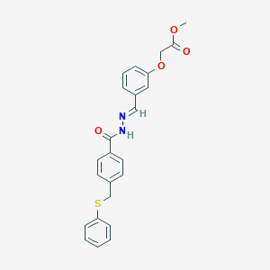 molecular formula C24H22N2O4S B306664 METHYL 2-{3-[(E)-[({4-[(PHENYLSULFANYL)METHYL]PHENYL}FORMAMIDO)IMINO]METHYL]PHENOXY}ACETATE 