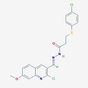molecular formula C20H17Cl2N3O2S B306666 N'-[(2-chloro-7-methoxy-3-quinolinyl)methylene]-3-[(4-chlorophenyl)sulfanyl]propanohydrazide 