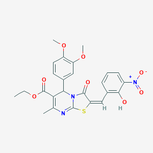 molecular formula C25H23N3O8S B306827 ETHYL (2E)-5-(3,4-DIMETHOXYPHENYL)-2-[(2-HYDROXY-3-NITROPHENYL)METHYLIDENE]-7-METHYL-3-OXO-2H,3H,5H-[1,3]THIAZOLO[3,2-A]PYRIMIDINE-6-CARBOXYLATE 
