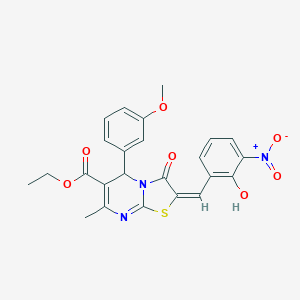molecular formula C24H21N3O7S B306833 ETHYL (2E)-2-[(2-HYDROXY-3-NITROPHENYL)METHYLIDENE]-5-(3-METHOXYPHENYL)-7-METHYL-3-OXO-2H,3H,5H-[1,3]THIAZOLO[3,2-A]PYRIMIDINE-6-CARBOXYLATE 