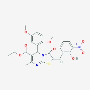 molecular formula C25H23N3O8S B306835 ETHYL (2E)-5-(2,5-DIMETHOXYPHENYL)-2-[(2-HYDROXY-3-NITROPHENYL)METHYLIDENE]-7-METHYL-3-OXO-2H,3H,5H-[1,3]THIAZOLO[3,2-A]PYRIMIDINE-6-CARBOXYLATE 