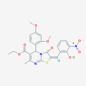 molecular formula C25H23N3O8S B306836 ethyl 5-(2,4-dimethoxyphenyl)-2-{2-hydroxy-3-nitrobenzylidene}-7-methyl-3-oxo-2,3-dihydro-5H-[1,3]thiazolo[3,2-a]pyrimidine-6-carboxylate 
