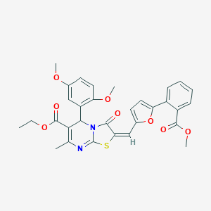 molecular formula C31H28N2O8S B306845 ETHYL (2E)-5-(2,5-DIMETHOXYPHENYL)-2-({5-[2-(METHOXYCARBONYL)PHENYL]FURAN-2-YL}METHYLIDENE)-7-METHYL-3-OXO-2H,3H,5H-[1,3]THIAZOLO[3,2-A]PYRIMIDINE-6-CARBOXYLATE 